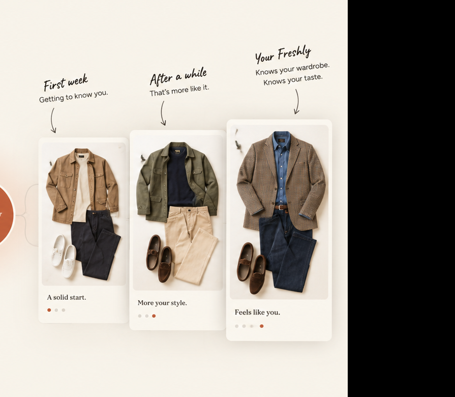 Three evolving outfits: First week — a solid start. After a while — more your style. Your Freshly — feels like you.