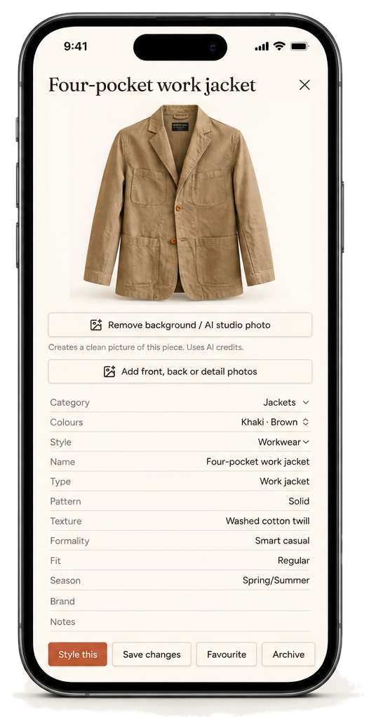 The Freshly app showing a four-pocket work jacket with its wardrobe details