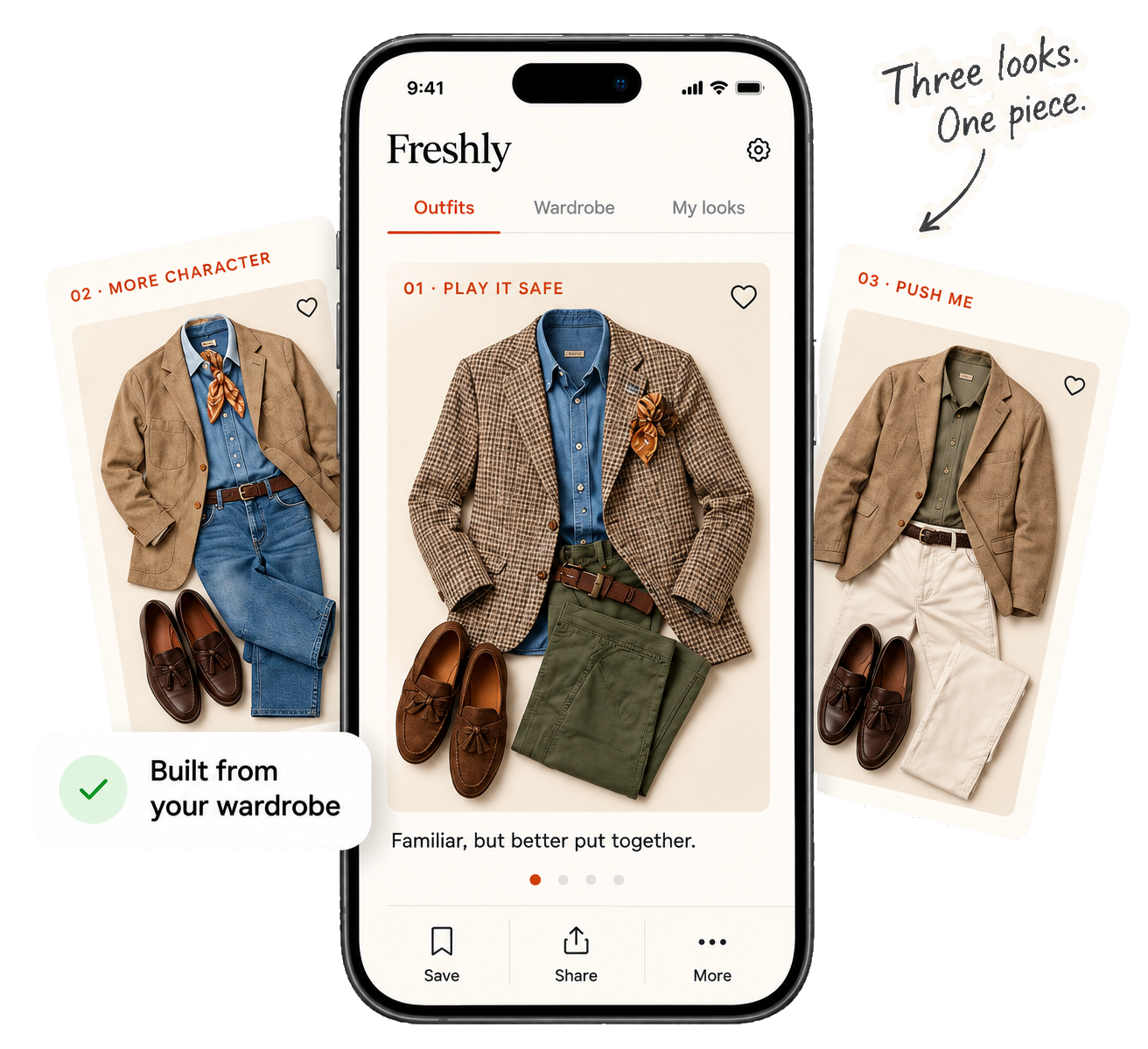 The Freshly app on a phone showing outfit card 01 Play it safe, flanked by cards 02 More character and 03 Push me, with the note Three looks. One piece.