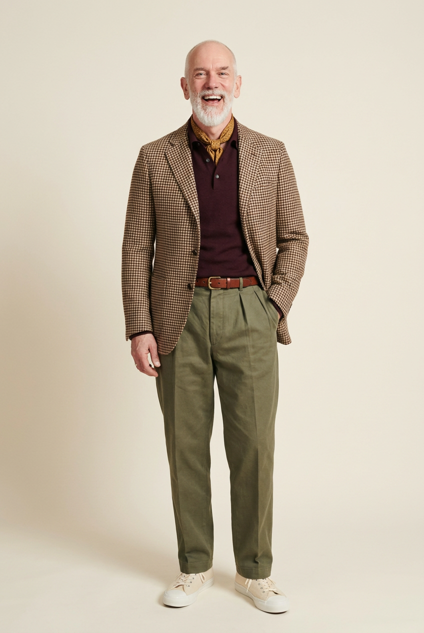 The same brown houndstooth blazer with burgundy knitwear, olive trousers and cream sneakers